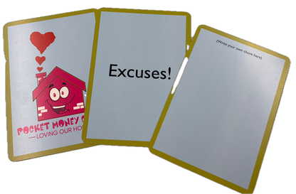 Three Pocket Money Cards, one blank, one showing the back of the card, one bearing the word: Excuses!