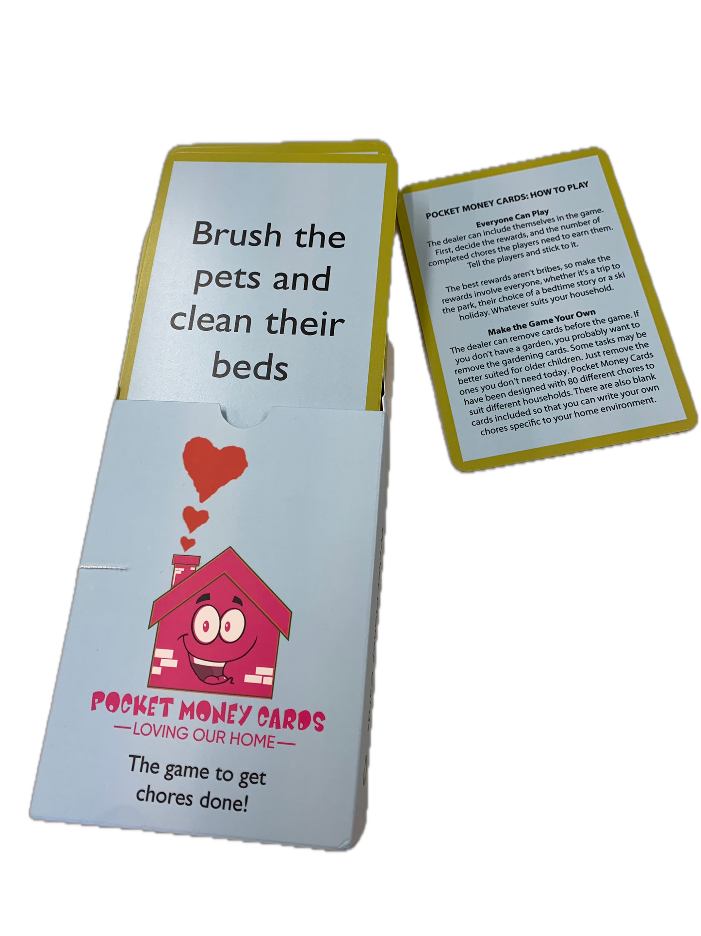 An opened pack of Pocket Money Cards, one saying "Brush the pets and clean their beds," another showing the Instructions.